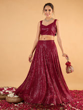 Women Maroon Sequence Sleeveless Crop Top With Anarkali Skirt